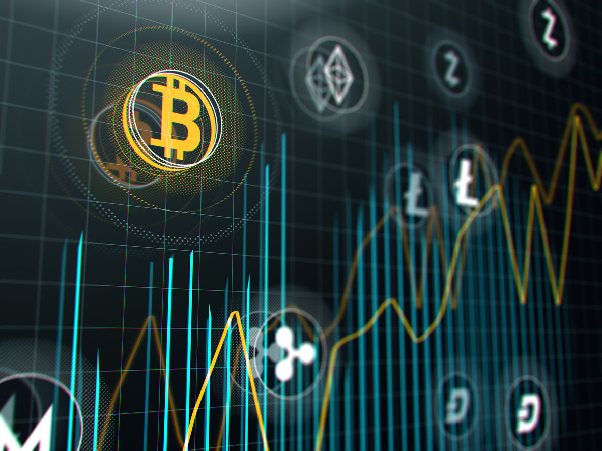 Bitcoin, Ethereum, Litecoin, and other cryptocurrency symbols over a glowing market chart